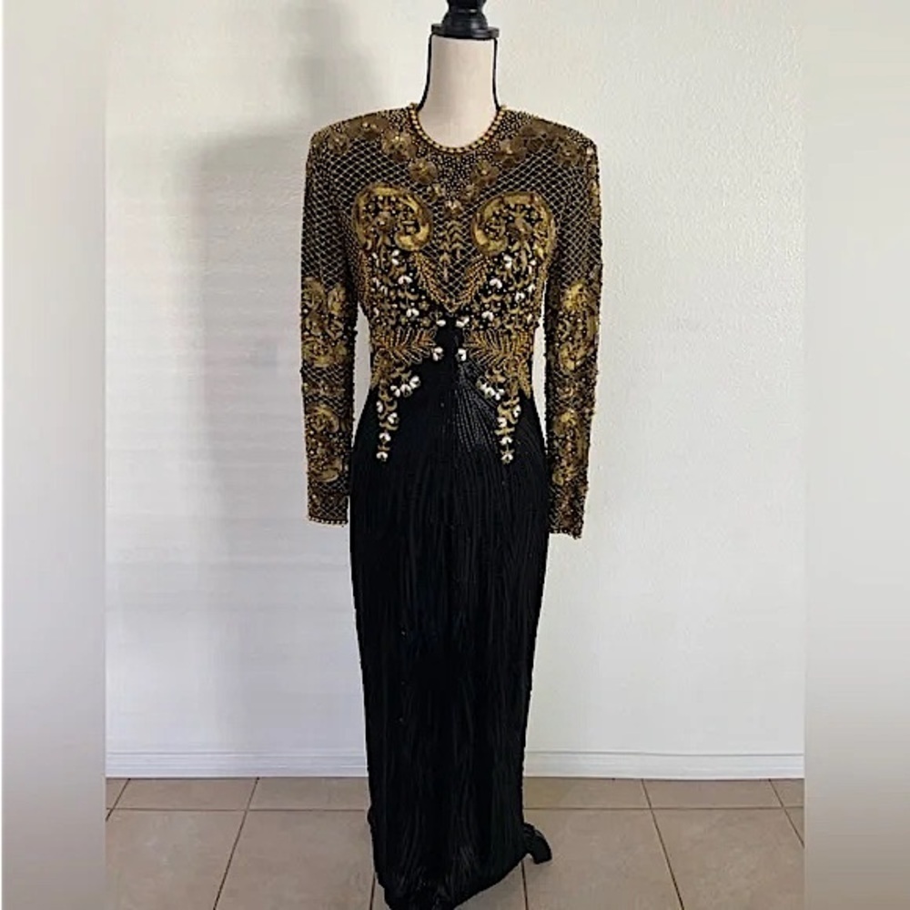 Naeem Khan Riazee Nights 80s X Open Back Slit Leg Pure Silk Long Sleeve Gown VTG
